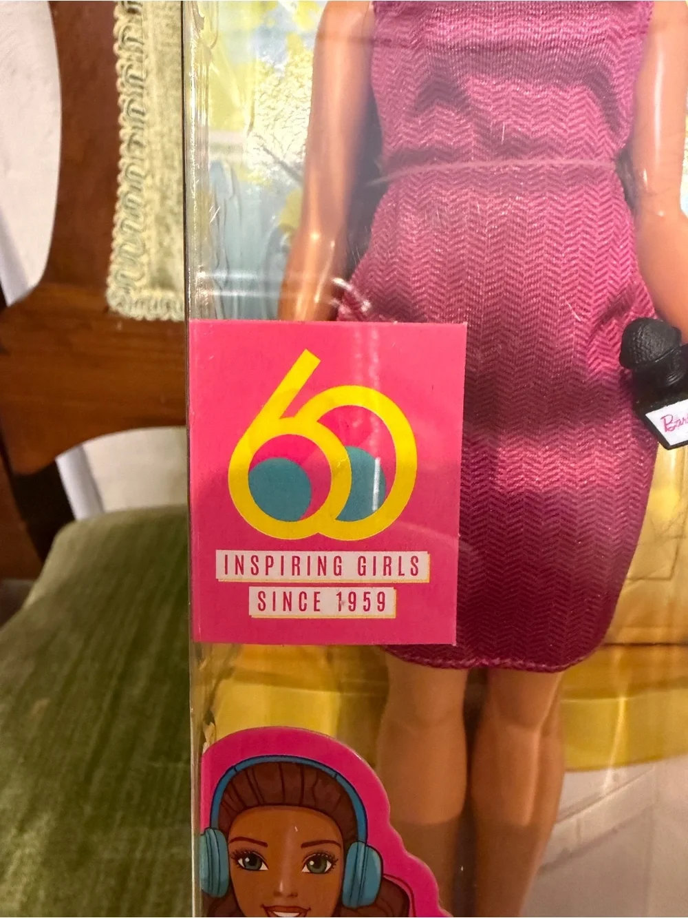 News Anchor Barbie Doll in Burgundy Dress with Microphone